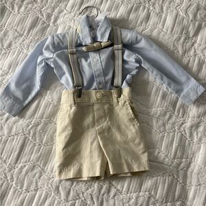 Nordstrom Light Blue Shirt and Cream Shorts with Suspenders Set